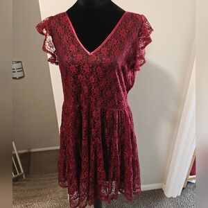 Burgundy Lace Dress L Large Andree Knee Length Tiered Lined